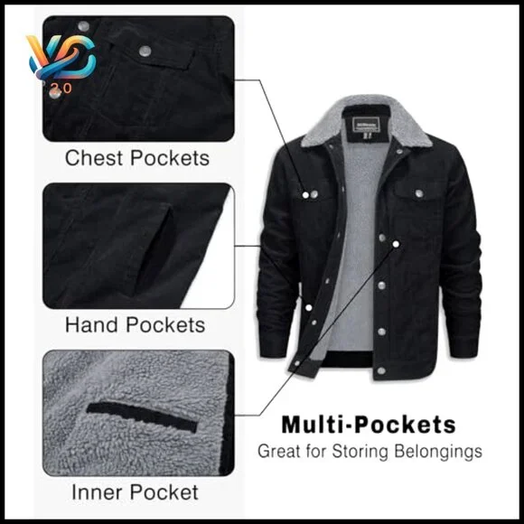 Men's Corduroy Sherpa Lined Jacket, Thermal Fleece, Snap Button Front, 5 Pockets